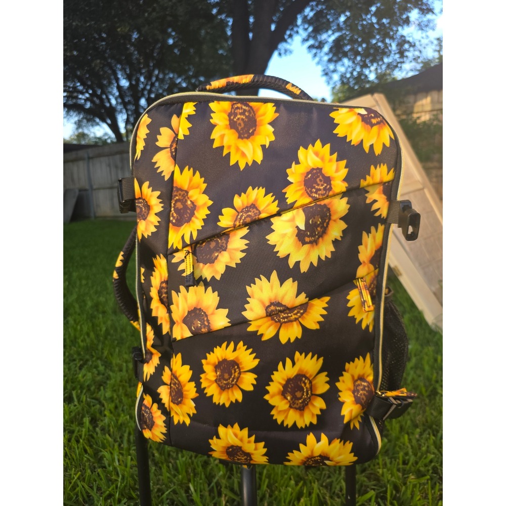 Sunflower Print Travel Backpack Black Yellow Floral School Bag Carry On